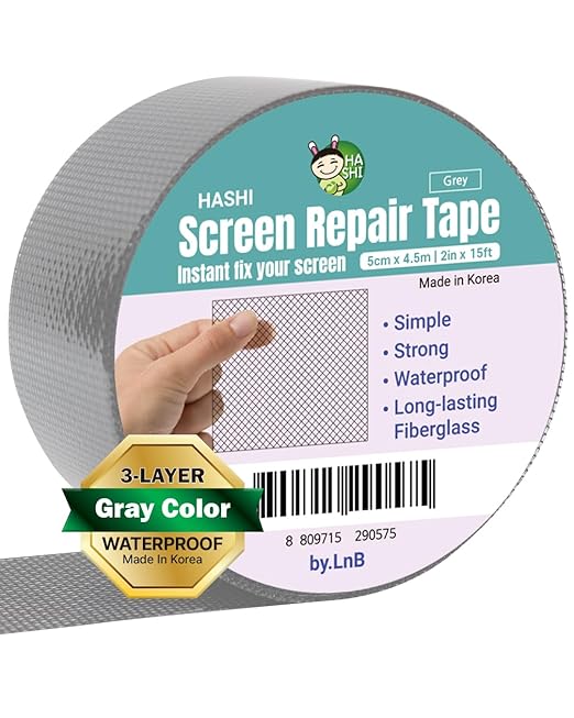 HA SHI Screen Repair Kit for Windows or Doors (2" x 6.5FT, Grey) 3-Layer Strong Adhesive Tape, Made in Korea, Ease-Installation Fiberglass Covering Mesh