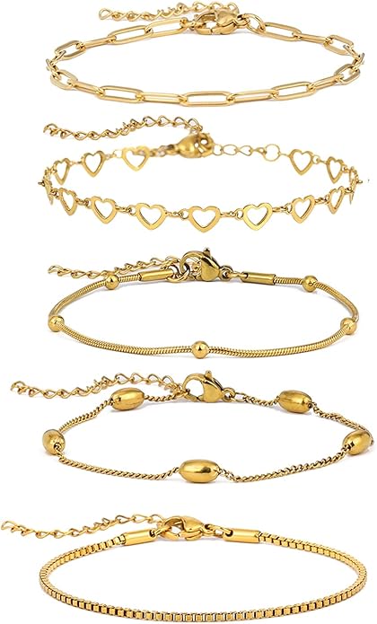 18K Gold Plated Bracelet Sets for Women Waterproof - Trendy Thin Dainty Stackable Cuban Link Paperclip Snake Twisted Chain Fashion Jewelry Accessories Gifts for Women