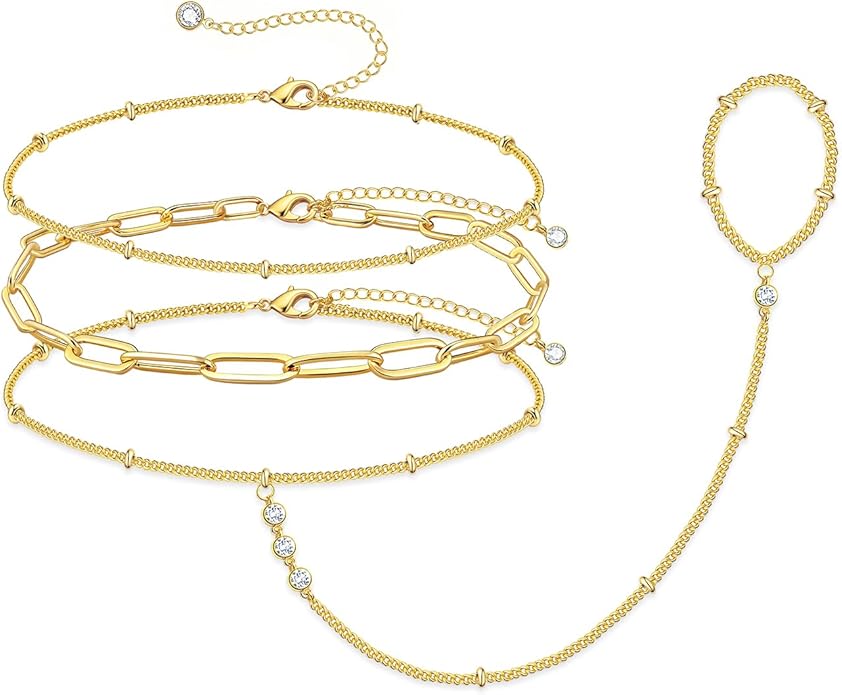 My Queen Gold Bracelets for Women 14K Gold Plated Dainty Stackable Hand Chain Bracelet Trendy Ring Chain Bangle Cuff Bracelets Adjustable Body Jewelry Set Gifts