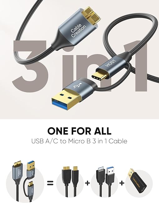 CableCreation 4FT USB C Hard Drive Cable, 5Gbps USB A/C to Micro B, Compatible with iPhone 15/16 Series, WD, Seagate External Hard Drive, Camera, Grey