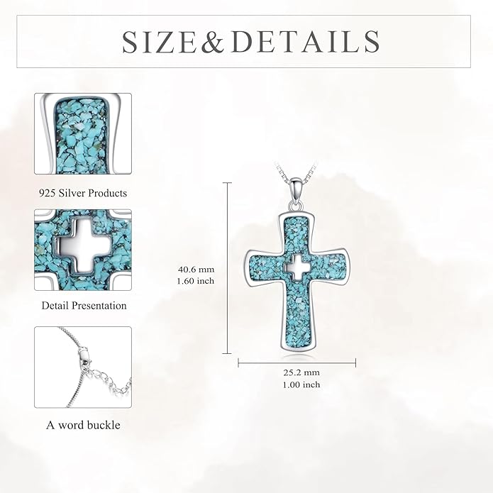 RMREWY Genuine Turquoise Cross Necklace, Sterling Silver Native American Boho Western Vintage Pendant Religion Jewelry Birthdays Gift for Women