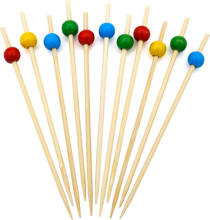 BLUE TOP 200pcs Colorful Wood Pearl Cocktail Picks for Drinks&Food,4.7Inch Fancy Cocktail Toothpicks for Appetizers/Fruit/Cakes/Cheese,Food Picks,Decorative Bamboo picks for July 4th Parties,Bar
