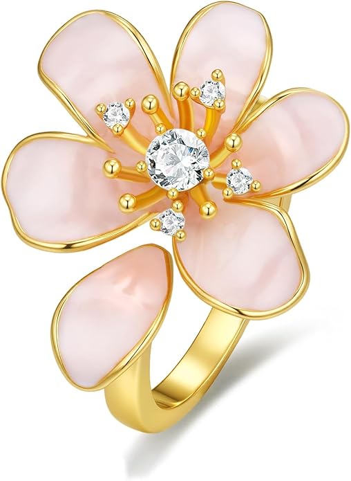Gold Rose Pink Enamel Floral CZ FULLY ADJUSTABLE Statement Open Ring for Women by SNGIA, Daisy Orchid Flower Leaf Summer Beach Handmade Unique Pinky Band, Chunky Sunflower Stackable Cute Cuff Cocktail Ring Birthday Gift, Natural Bold Exaggerated Irregu...