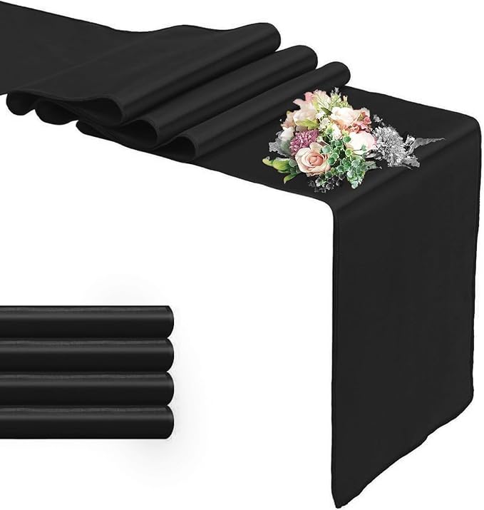 5 Pack Satin Table Runner Black 12 x 108 Inch Long,Satin Silk Table Runner for Wedding,Birthday Party and Banquet(Black,5 Pack)