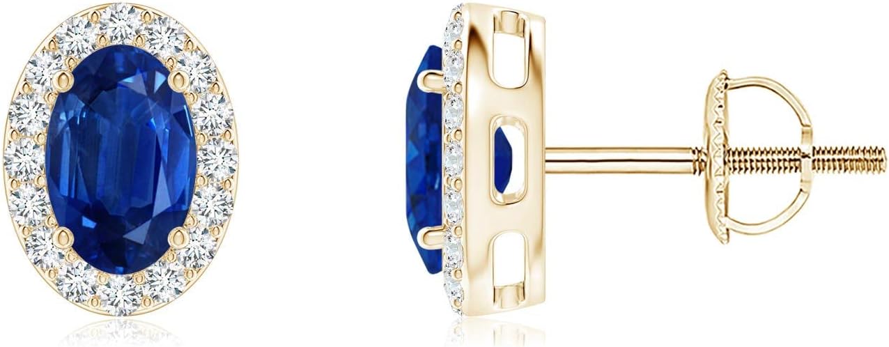 ANGARA Natural Blue Sapphire Earrings for Women | Prong-Set Oval Blue Sapphire Stud Earrings with Diamond Halo in 14K Solid Gold/Platinum | September Birthday, Anniversary, Gemstone Jewellery Gift