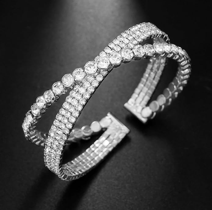 Rhinestone Bracelet for Women MultiLayer Crystal Cuff Bracelet Strand Layered Bracelet
