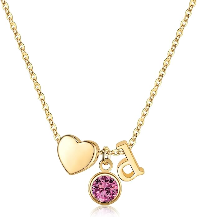 Ursilver Initial Birthstone Necklace for Women - Heart Initial Birthstone Pendant Necklace Personalized Gifts Birthday Gifts for Women
