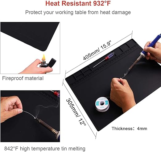 Premium Heat Resistant 932°F Anti Static Mat, HPFIX ESD Mat with Grounding Wire, Grounding Plug, and ESD Wristband, Silicone Soldering Repair Mat for Computer, PC Building, Eelectronics