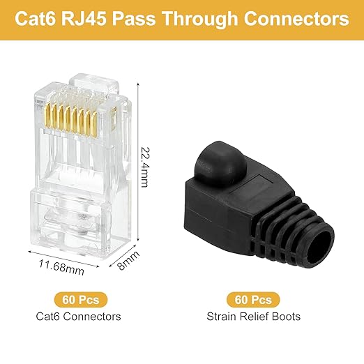 MECCANIXITY 60pcs Cat6 RJ45 Pass Through Connectors, RJ45 Connector 8P8C Gold Plated Plugs with 60pcs Black Strain Relief Boots for Solid or Stranded UTP Ethernet Cable, 1.1mm