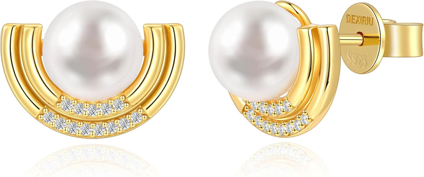 Cultured Freshwater Pearl Stud Earrings, 14K Gold Plated S925 Silver Women Pearl Stud, Gift for Birthday Mothers Day, Christmas, Anniversary