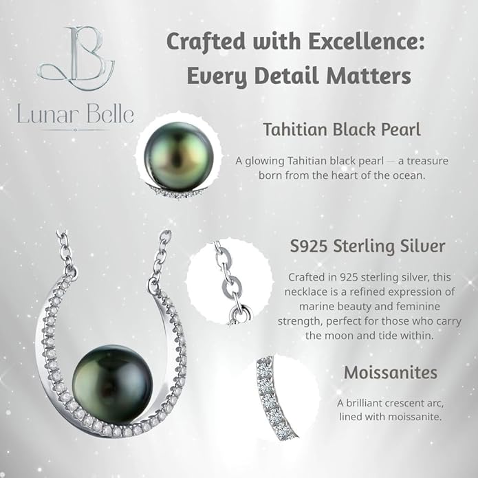 Lunar Belle 925 Silver Tahitian Black Pearl Pendant Necklace with Moissanite Halo, Gift for Wife Mother's Day Anniversary (Ocean Crescent)