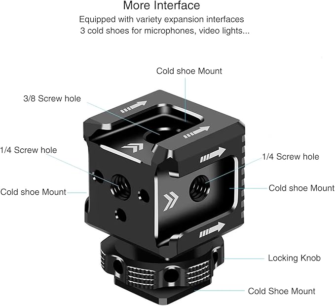 3 Port Cold Shoe Mount with 1/4"-20 Thread for Camera Cage Flash LED Monitor Microphone etc., Aluminum Camera Triple Cold Shoe Extension Bracket Compatible with Nikon, Canon, Sony..DSLR/SLR