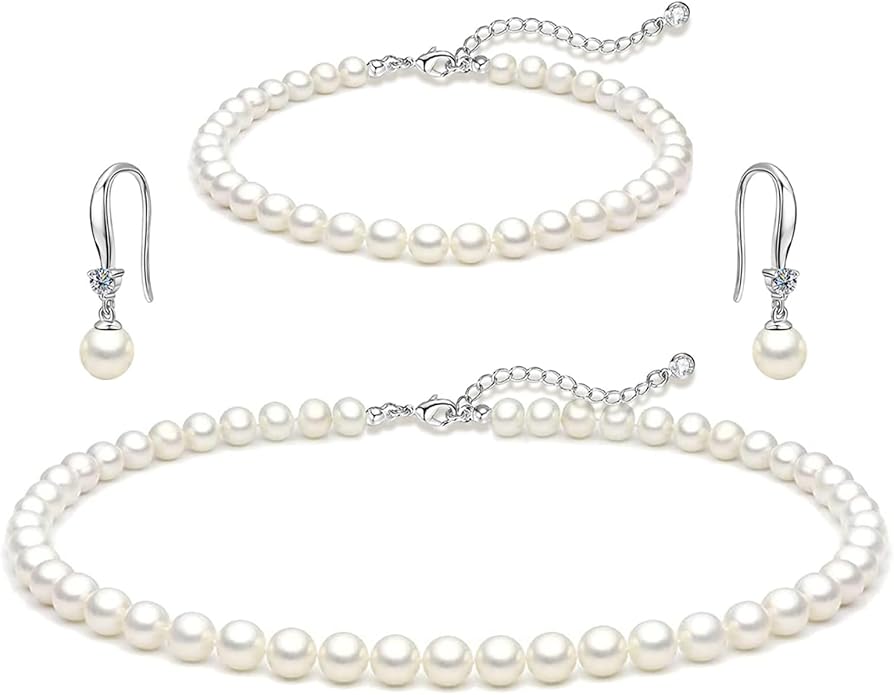 Zeffy Gold Pearl Necklace for Women, Dainty 14K Gold/Silve Plated Layered Pearl Choker Pearl Earrings Pearl Bracelets Wedding Trendy Gold Jewelry Set for Women Gifts