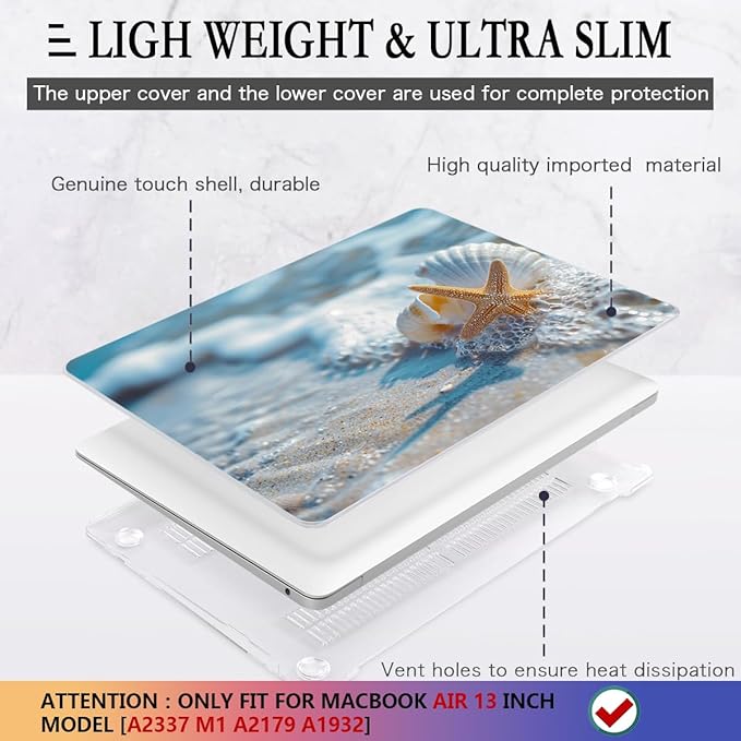 CISSOOK Compatible with MacBook Air 13-inch Case 2021 2020-2018 Release M1 A2337 A2179 A1932 Model with Touch ID, Plastic Hard Shell Protective Case with Keyboard Cover Screen Protector, Beach&Shell
