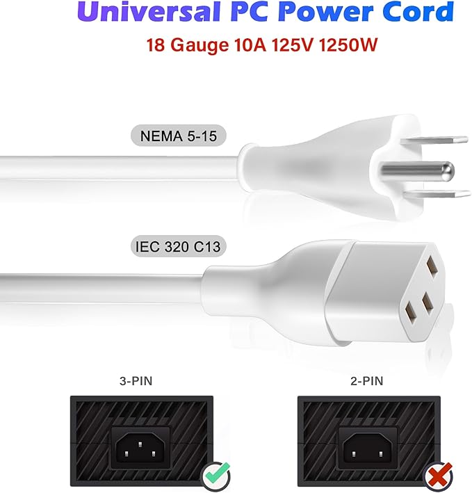 Adoreen 6 Ft Computer TV Replacement Power Cord White, 18AWG 3-Prong AC Universal Power Supply Cable NEMA 5-15P to IEC 320 C13 for Printer, PC, Monitor TV LCD, ETL+Ties