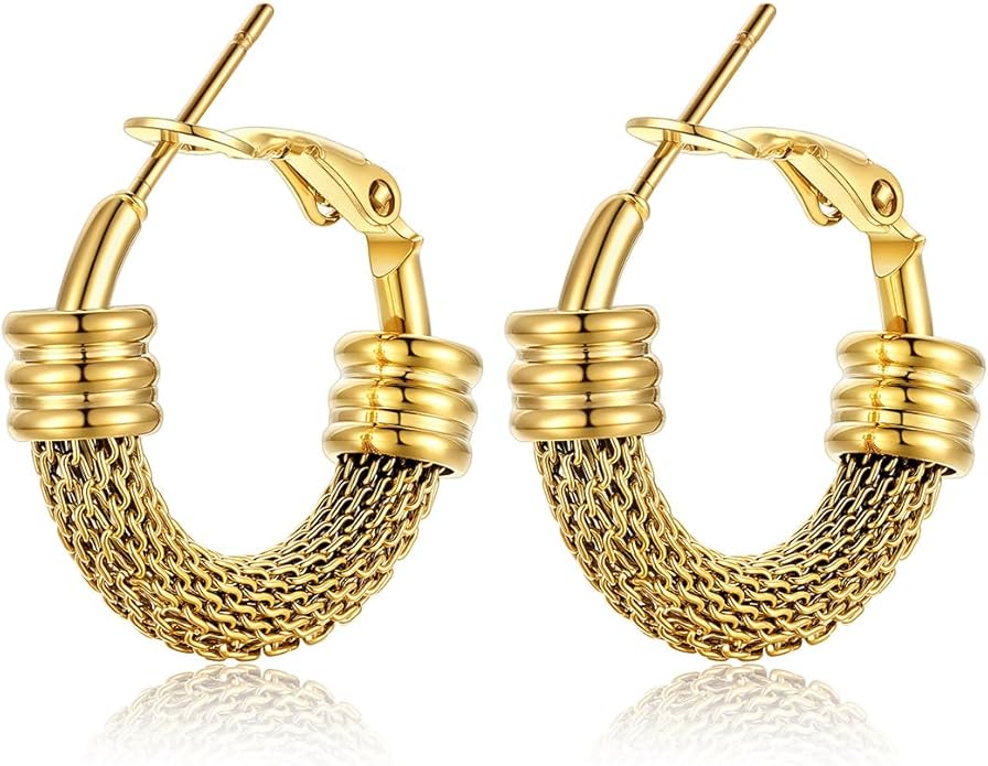 KeyStyle Mesh Hoop Earrings for Women, Stainless Steel Gold Hoops Earring Lightweight Loops, 2MM Thick Hypoallergenic Circle Endless Hollow Hoop 20mm-80mm