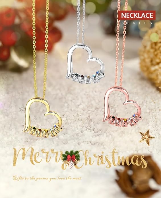 Personalized Women's Pendant Necklace 925 Sterling Silver with 1-5 Simulated Birthstone Names Customized Heart Shape Cubic Zirconia Necklace