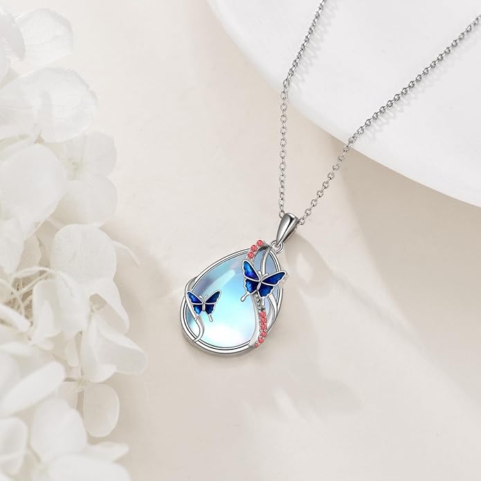 KQF Dragonfly/Butterlfy/Cat/Jellyfish/Bunny/Axolotl/Bee/Mermaid/Hummingbird/Elephant Necklace for Women Sterling Silver Moonstone Pendant Necklace Dragonfly Jewelry Gifts for Women