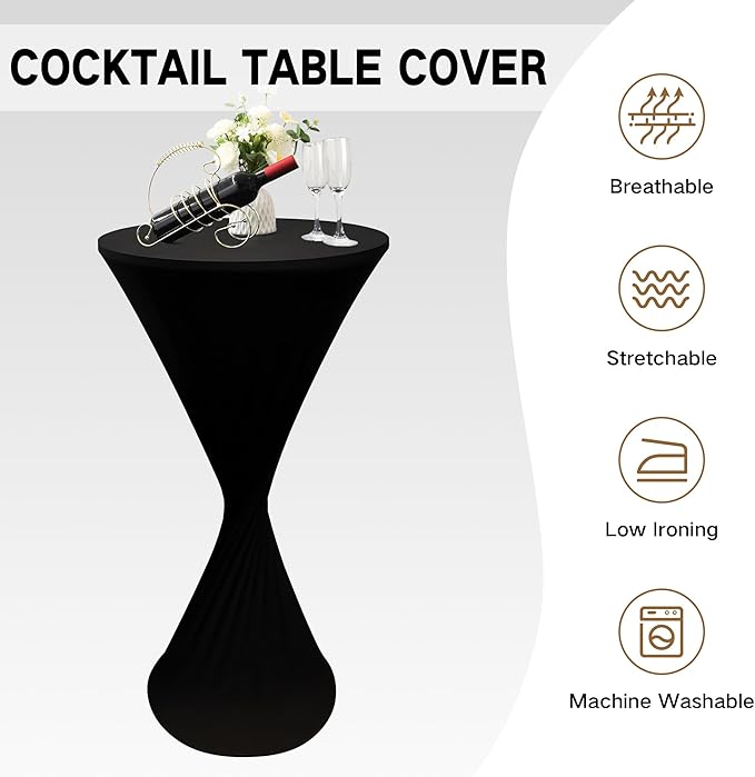 2PCS 24x43 Inch Round Fitted Cocktail Table Cover Black Spandex Cocktail Table Cloth Highboy Fitted Tablecloth High Top Table Cloths for Party Pub Banquet Bistro