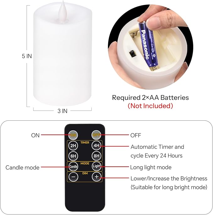 1PCS, 3 x 5 inches Flameless Candle with Remote Control, Real Wax Pillar LED Candles, Battery Candles,with Timer, 3D Flickering Wick,for Holiday Home Decor,White