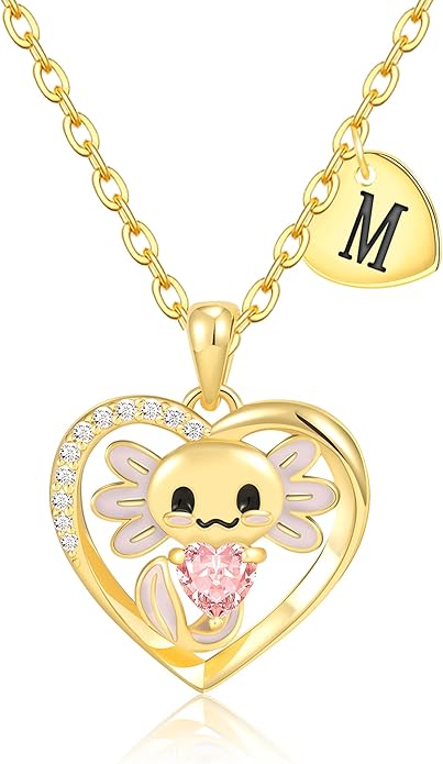 C-leen Axolotl Valentines Day Gifts for Her, 14K Gold Plated Axolotl Initial Necklace Cute Heart Initial Pendant Necklaces Birthday Valentines Day Gifts for Kids Girls Women
