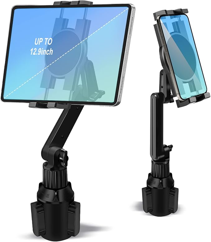 Cup Holder Car Tablet Mount for Truck, 360° Adjustable 15" Long 2-Arm Stand Holder for iPad Pro 12.9/11/10.5/9.7/Air/Mini 6/5/4, Samsung Galaxy Tab/Z Fold 6/5/4, iPhone 16/15/Pro, 4.7-12.9" Tab &Phone