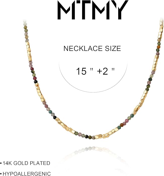 MTMY Beaded Gemstone Choker Necklace for Women, 14K Gold Plated Boho Colorful Natural Stone Bead Chain Necklace Summer Beach Handmade Jewelry