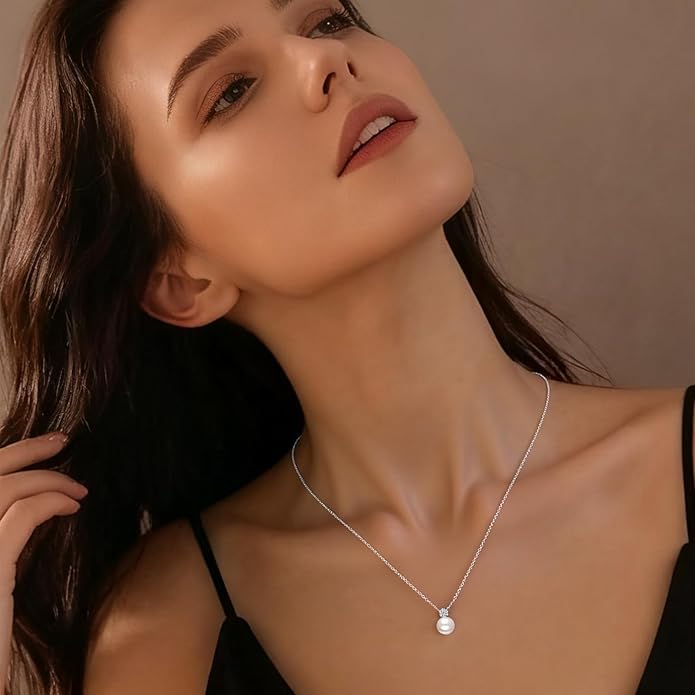 SUNFEEL 925 Sterling Silver Pearl Necklaces for women 14K Gold Plated 5A CZ 10MM/12MM Single Pearl Pendant Necklace Gifts for Her Mom Wife Girlfriend Engagement Wedding Birdal Christmas Trendy Jewelry