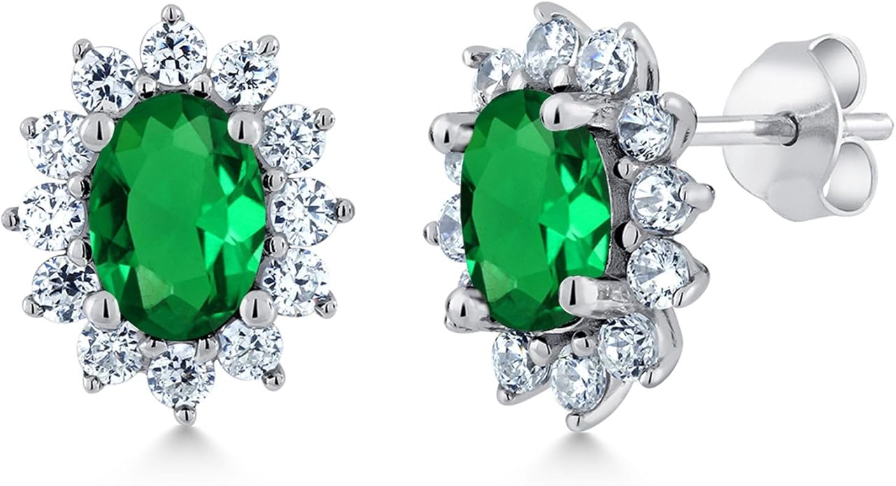 Gem Stone King 7X5MM Oval Gemstone Birthstone Stud Earrings For Women | Princess Diana Royal Halo Style | 925 Sterling Silver | Fine Jewelry Gifts for Anniversary Wedding Her Mom Women Wife