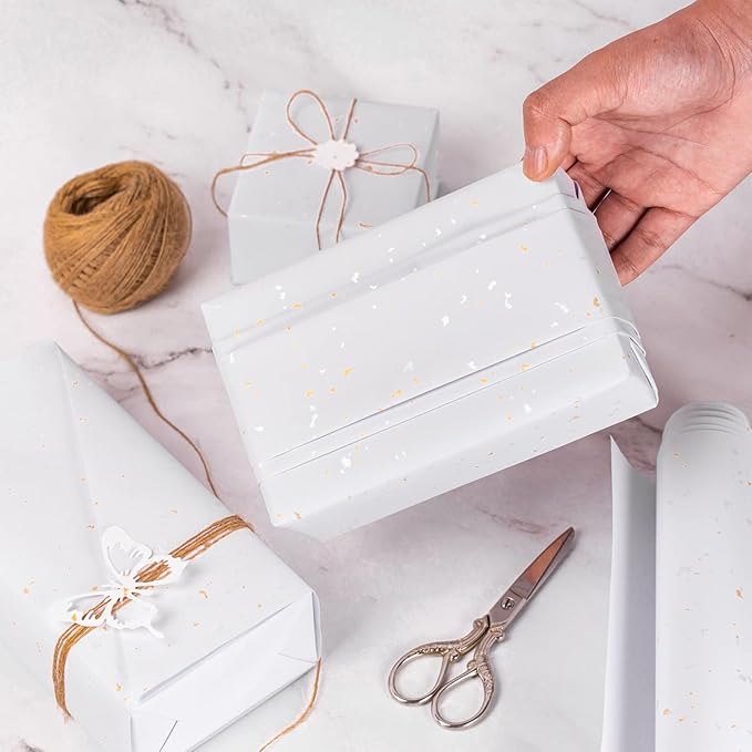 WRAPAHOLIC 30 Inch Jumbo White Wrapping Paper Roll - 30 Inch x 16.5 Feet - White Gold Design with Silky Touch Perfect for Birthday, Holiday, Wedding, Baby Shower