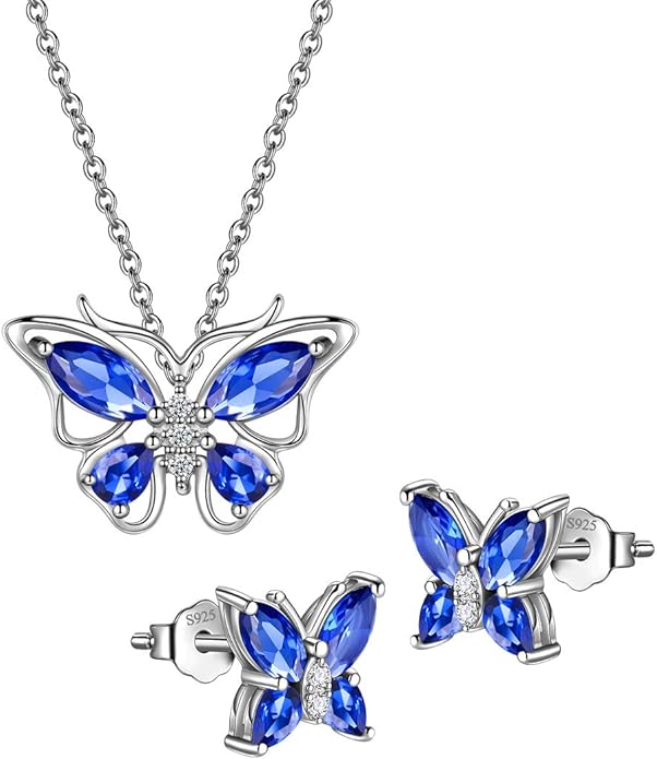 925 Sterling Silver Birthstone Butterfly Jewelry Women Crystal Animal Cute Butterflies Birthday Necklace/Earring/Ring/Bracelet Sets Birth Stone Statement Anniversary Jewellery
