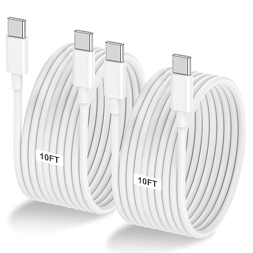 2-Pack 10FT 60W USB C to USB C Cable, Type C to Type C Cable,Fast Charging Cable Compatible with iPhone 15/Plus/15 Pro/Pro Max，Samsung Galaxy S23 S22, iPad Pro, MacBook Air and More