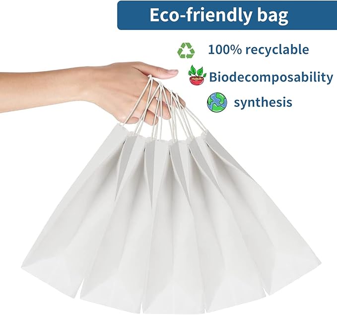 FACEBAG 50 PCS White Paper Bags with Handles Bulk, 8x4.25x10.5 Inches,Medium-sized White Gift Bags with Handles for Party Favors，Take-Out，Grocery Shopping & Retail，Reusable & Durable