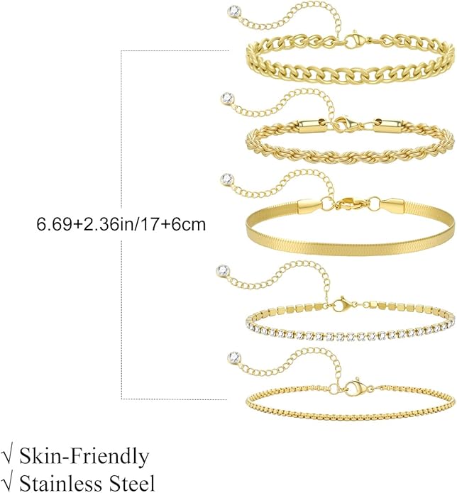 Emibele Gold Bracelets for Women, Dainty Adjustable 14K Gold Plated Bracelet Stack, Elegant Beaded Link Chain Bracelet Sets, Jewelry Gifts for Women