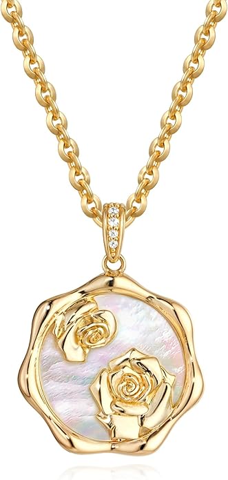 MTMY Birth Flower Necklace 14K Gold Plated Mother of Pearl Disc Birth Month Flower Pendant Necklaces for Women Personalized Custom Floral Jewelry Birthday Gift