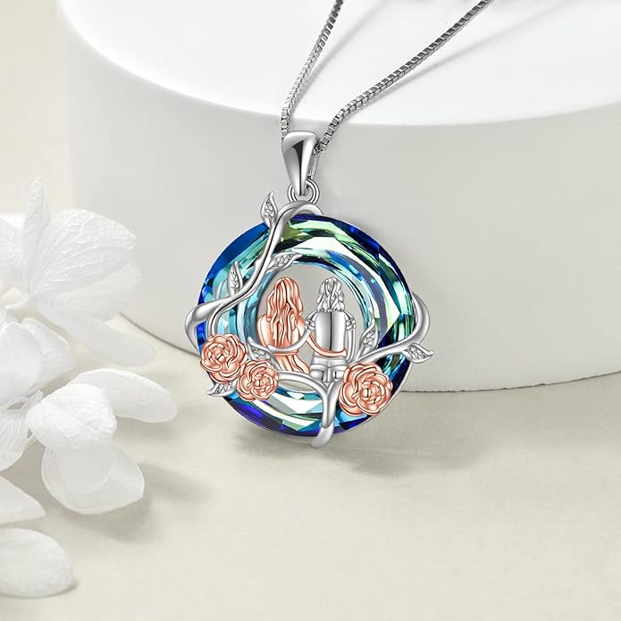 TOUPOP Sisters Gifts from Sister Necklace Sterling Silver Rose Flower with Crystal Jewelry Valentines Day Birthday Gifts for Women Best Friend Friendship