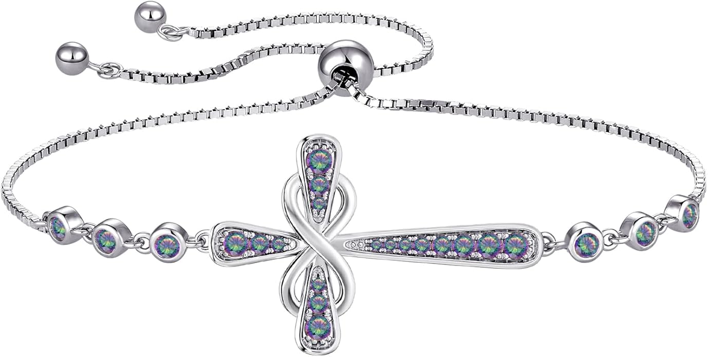 YL Cross Bracelet 925 Sterling Silver Infinity Sideways Link Bracelet Birthstone Jewelry for Women