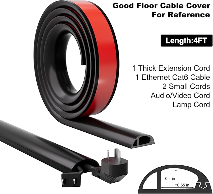 4FT Side-Open Extension Cord Covers for Wires on Floor,Silicone Power Cable Protector Cord Hider Management Strip,Hide Electric Wire on Carpet,Chord Runner Protective Safety Wiremold,Black