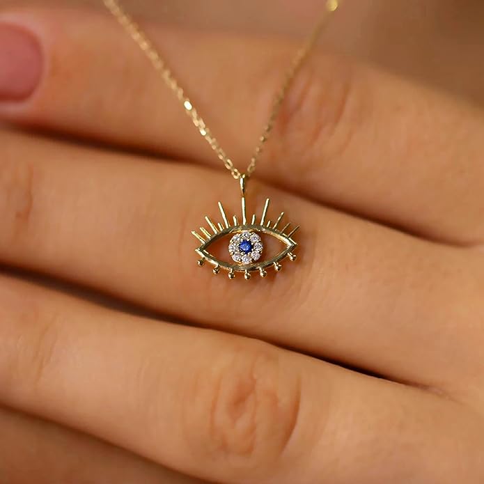 Evil Eye Necklace for Women 14K Gold Plated Delicate Necklaces Blue White CZ Diamond Pendant Necklace Cute Boho Tiny Evil Eye Lucky Protection Jewelry Gift for Women