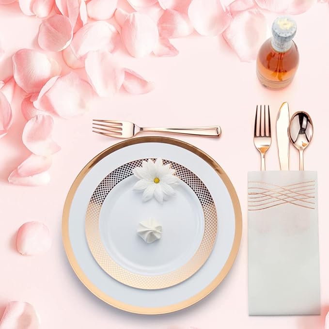 By Madee PREMIUM Elegant Plastic Dinnerware Set - 175 Pc Rose Gold Party Plates and Utensils Set with Luxury Napkins - Perfect for Weddings, Bridal & Baby Shower (25 Guests)