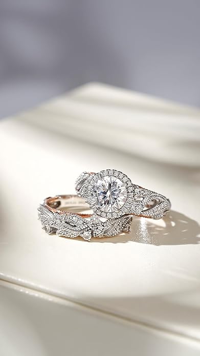 Jeulia 4 Carat Openwork Ring Sets for Women 925 Sterling Silver Wedding Sets Rose Gold Round Cut Halo Engagement Ring White Diamond band CZ Solitaire Anniversary Promise Rings