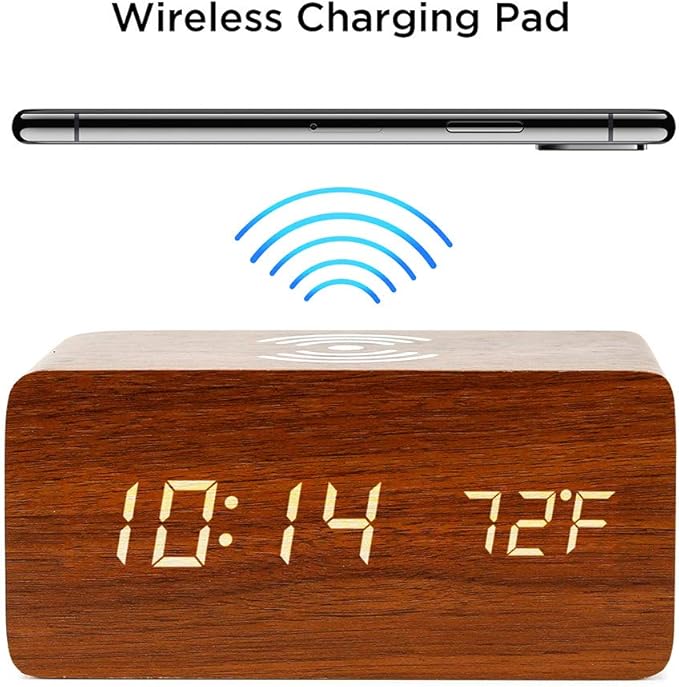 OCT17 Alarm Clock with Qi Wireless Charging Pad Compatible with iPhone Samsung Wood LED Digital Clock Sound Control Function, Time Date, Temperature Display for Bedroom Office Home- Brown