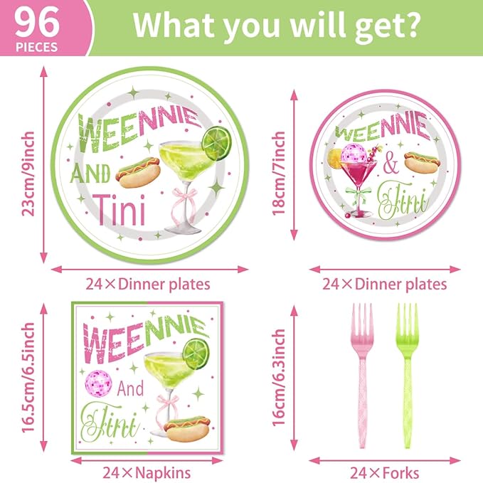 96Pcs Martini Party Decoration Disposable Tableware Set - Weenies and Tini Paper Plates Napkins Forks Pink Green Martini Theme Bridal Shower Engagement Bachelorette Party Supplies Serve 24 Guests