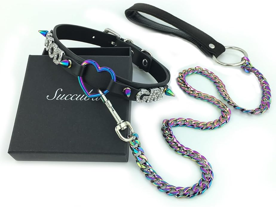 Succuba Handmade Heart Ring Rhinestone Letter Pu Leather Choker Collar Necklace for Women and Men