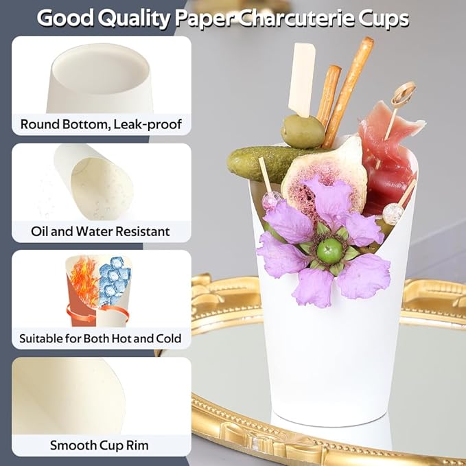 100pcs 12oz White Charcuterie Cups, 300 Skewers + 100 Bags + 100 Labels, Paper Charcuterie Cups with Sticks and Bags, Disposable Dessert Cup Appetizers Cup, Durable French Fry Holder for Snack