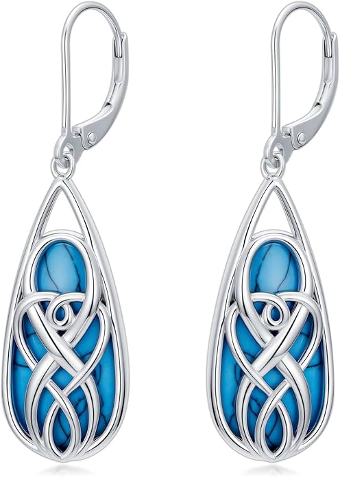 Teardrop Drop Dangle Earrings for Women 925 Sterling Silver Turquoise/Moonstone/White Opal Earrings Celtic Design Boho Jewelry Gifts for Mom Wife Sister