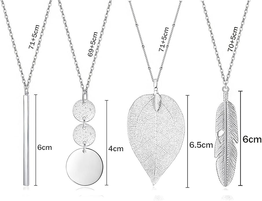 Long Necklaces for Women - Fashion Pendant Necklace Jewelry, Silver Bar Feather Circle Leaf Lock Tassel Y Necklace Jewelry Set for Girls
