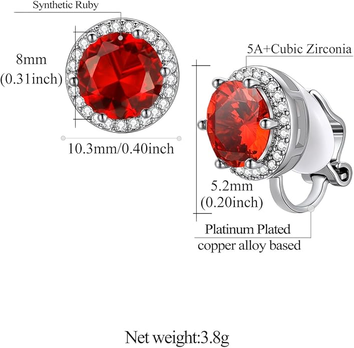 FindChic Sparkling Birthstone Clip On Earrings for Women, Silver Plated Stud Earrings 8MM Cubic Zirconia Non Pierced Studs, 12 Months Birthday Jewelry Gift