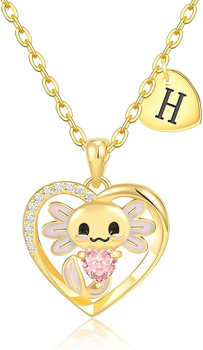 C-leen Axolotl Valentines Day Gifts for Her, 14K Gold Plated Axolotl Initial Necklace Cute Heart Initial Pendant Necklaces Birthday Valentines Day Gifts for Kids Girls Women