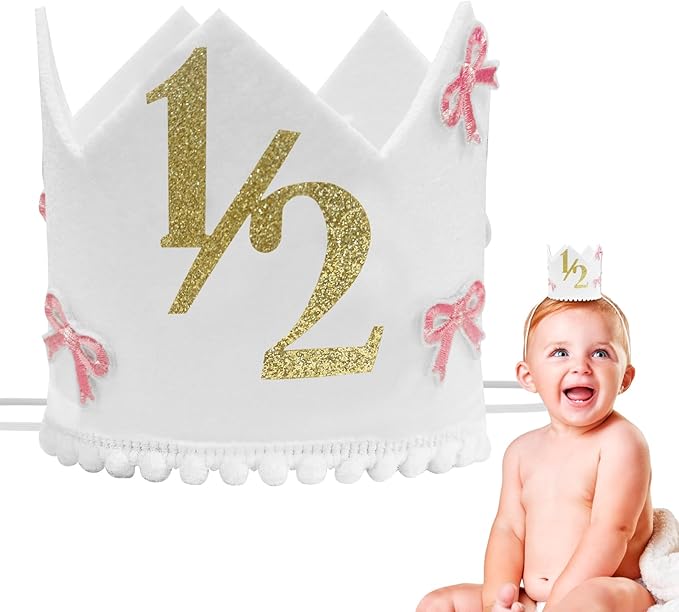 Half Birthday Crown Hat,White Birthday Crown for Baby 6-12 Months, Pink Bow Soft Photo Props for Half Year Celebration, Party Decorations